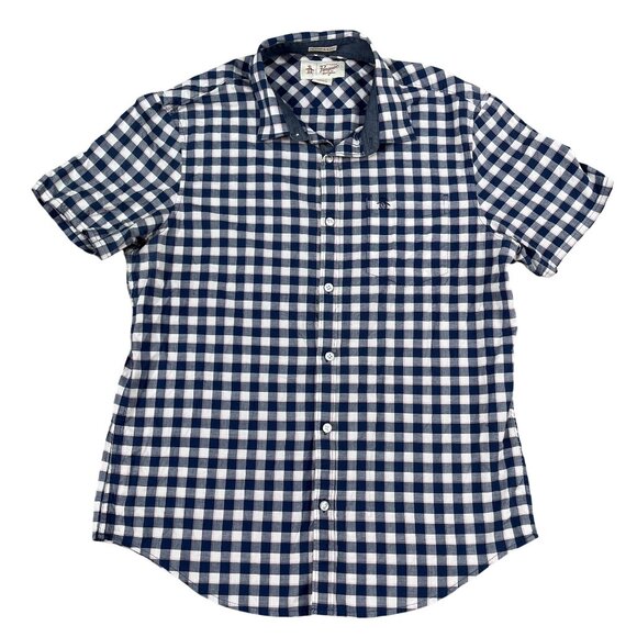 Original Penguin Heritage Slim Fit Womens Blue Check Button Down Shirt Sz Large - Picture 1 of 4